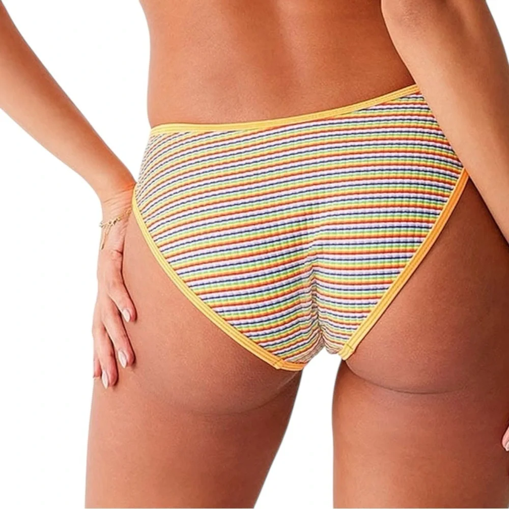 Frankies Bikinis Catalina Ribbed Stripe Bikini Bottom Rainbow Orange XL NWT
